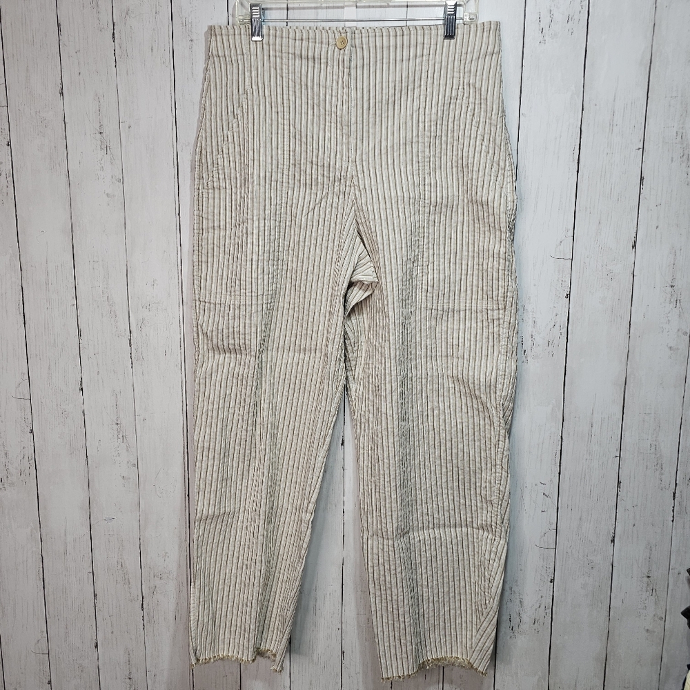 Oska Beige White Striped Cotton Linen Blend Trousers Size 4 (US 16/18) Raw Hem.